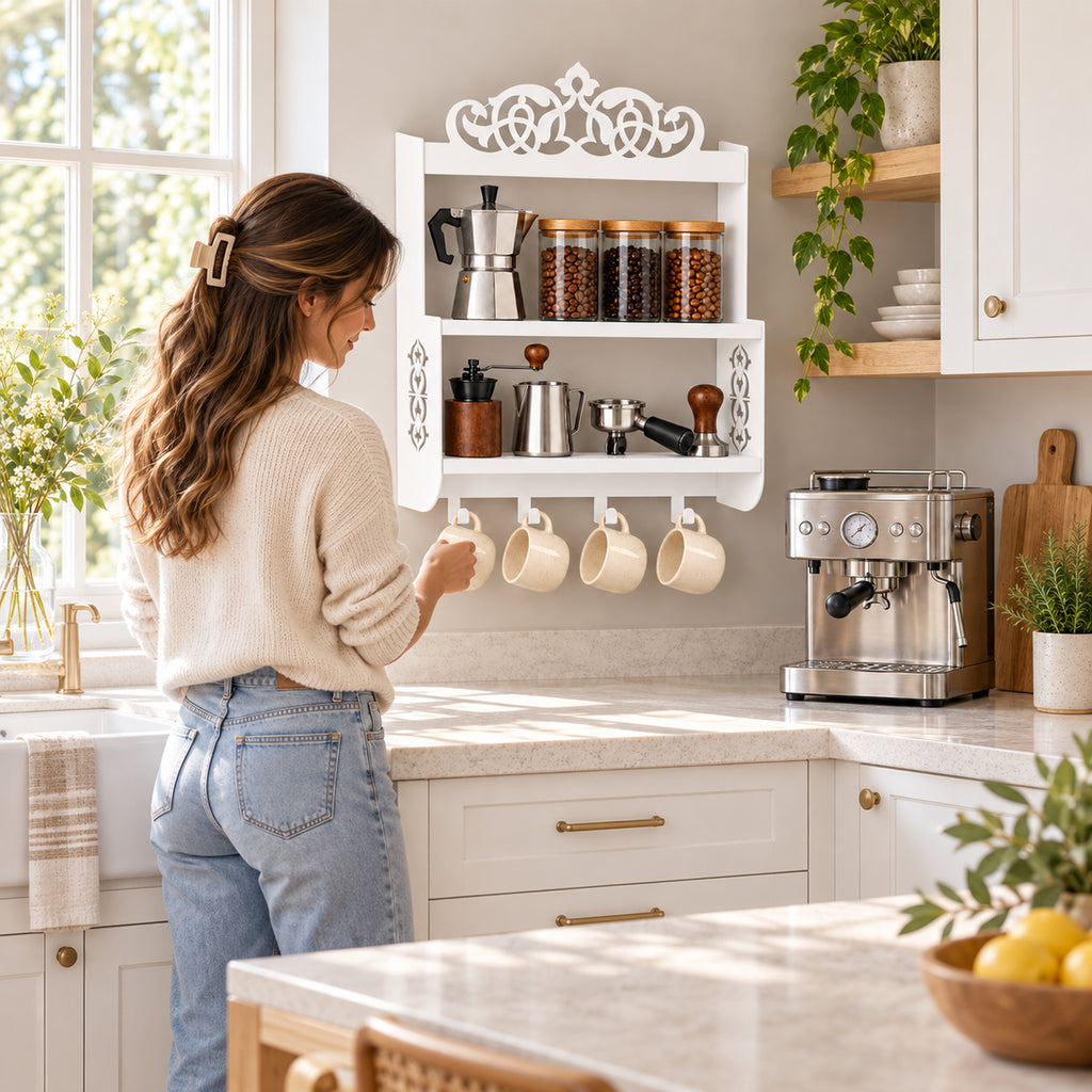 Wall-Mounted Metal Coffee Station Shelf with Mug Hooks