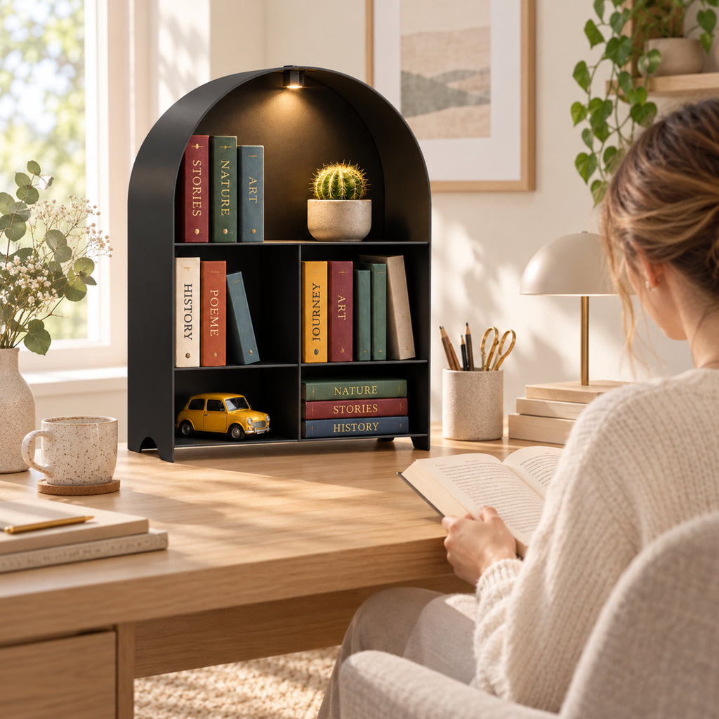 Modern Metal Bookshelf with LED Light | Multifunctional Display Shelf | Home Organizer
