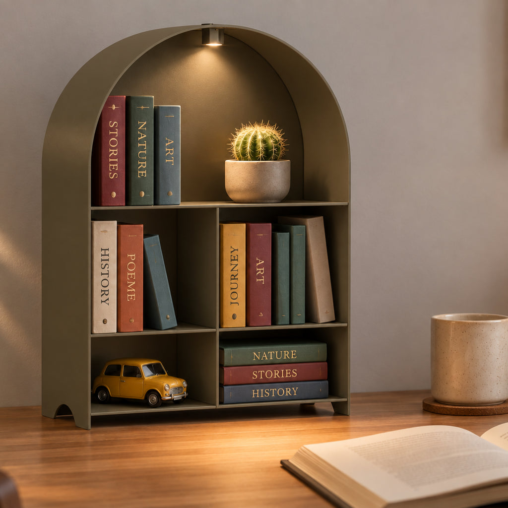 Modern Metal Bookshelf with LED Light | Multifunctional Display Shelf | Home Organizer