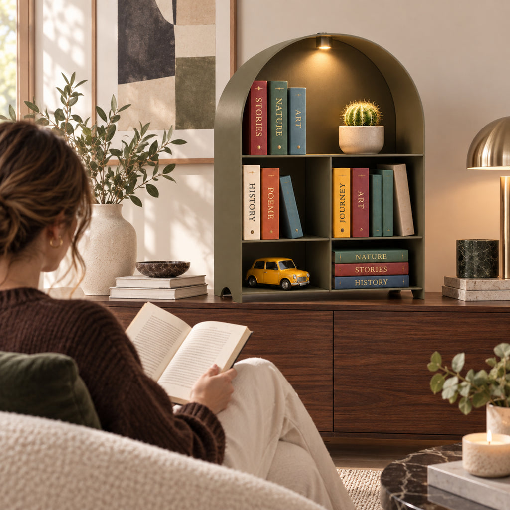 Modern Metal Bookshelf with LED Light | Multifunctional Display Shelf | Home Organizer