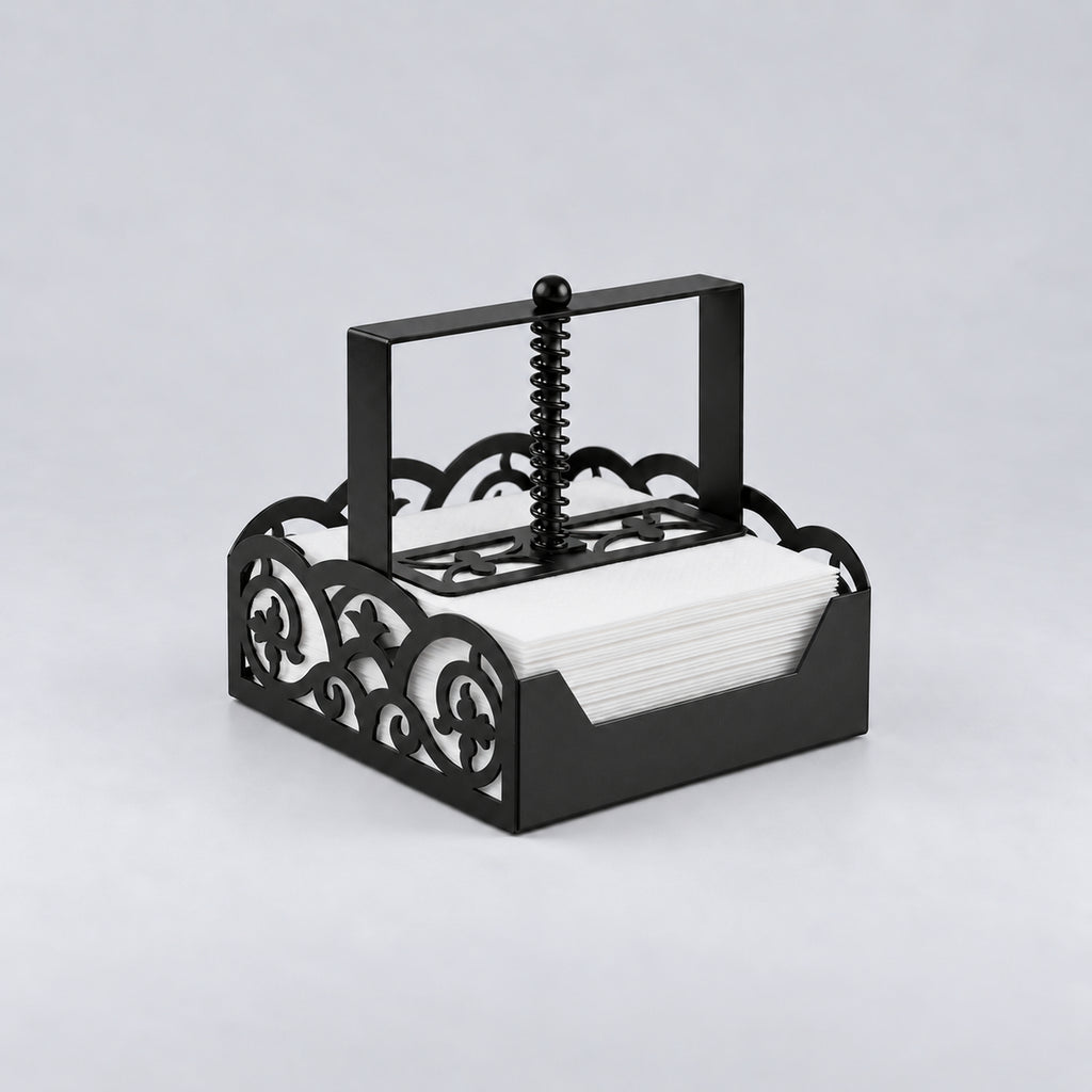 Square Metal Napkin Holder with Spring-Loaded Press and Laser-Cut Sides