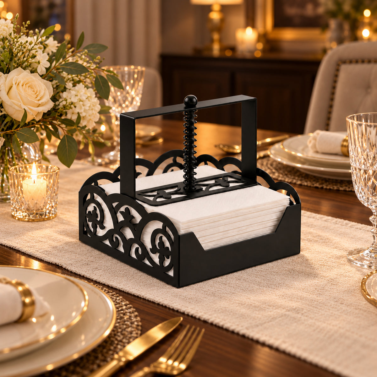 Square Metal Napkin Holder with Spring-Loaded Press and Laser-Cut Sides