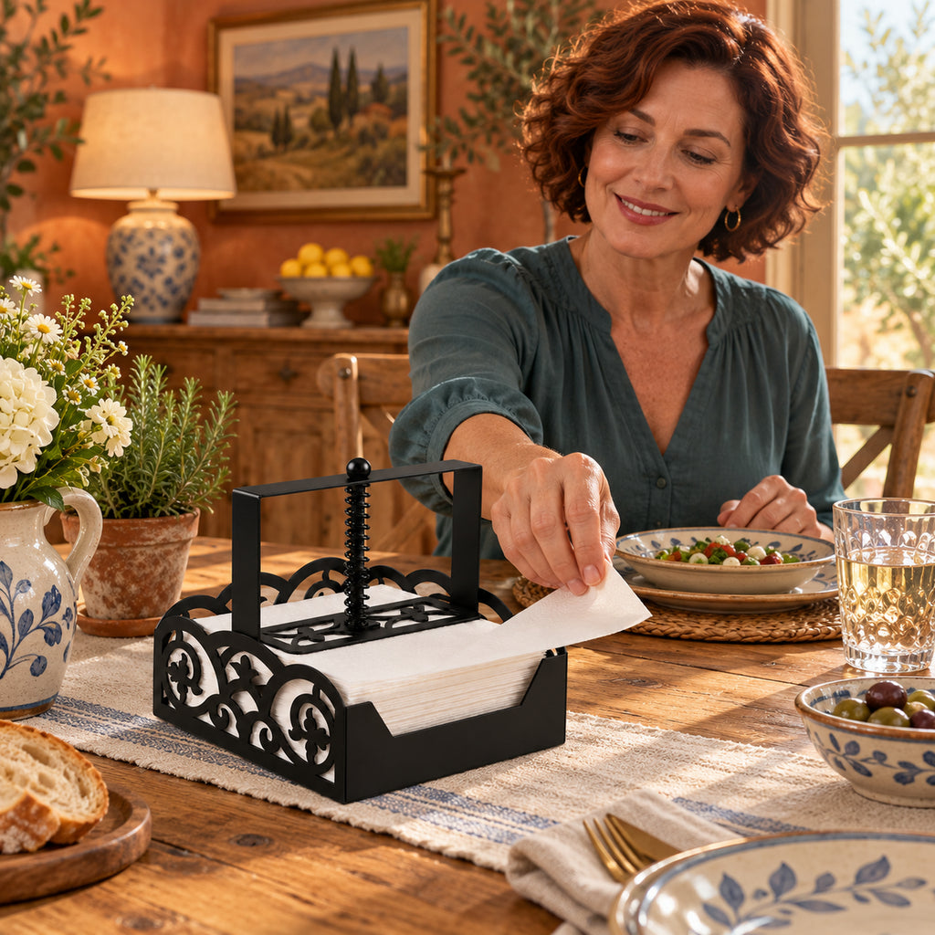 Square Metal Napkin Holder with Spring-Loaded Press and Laser-Cut Sides