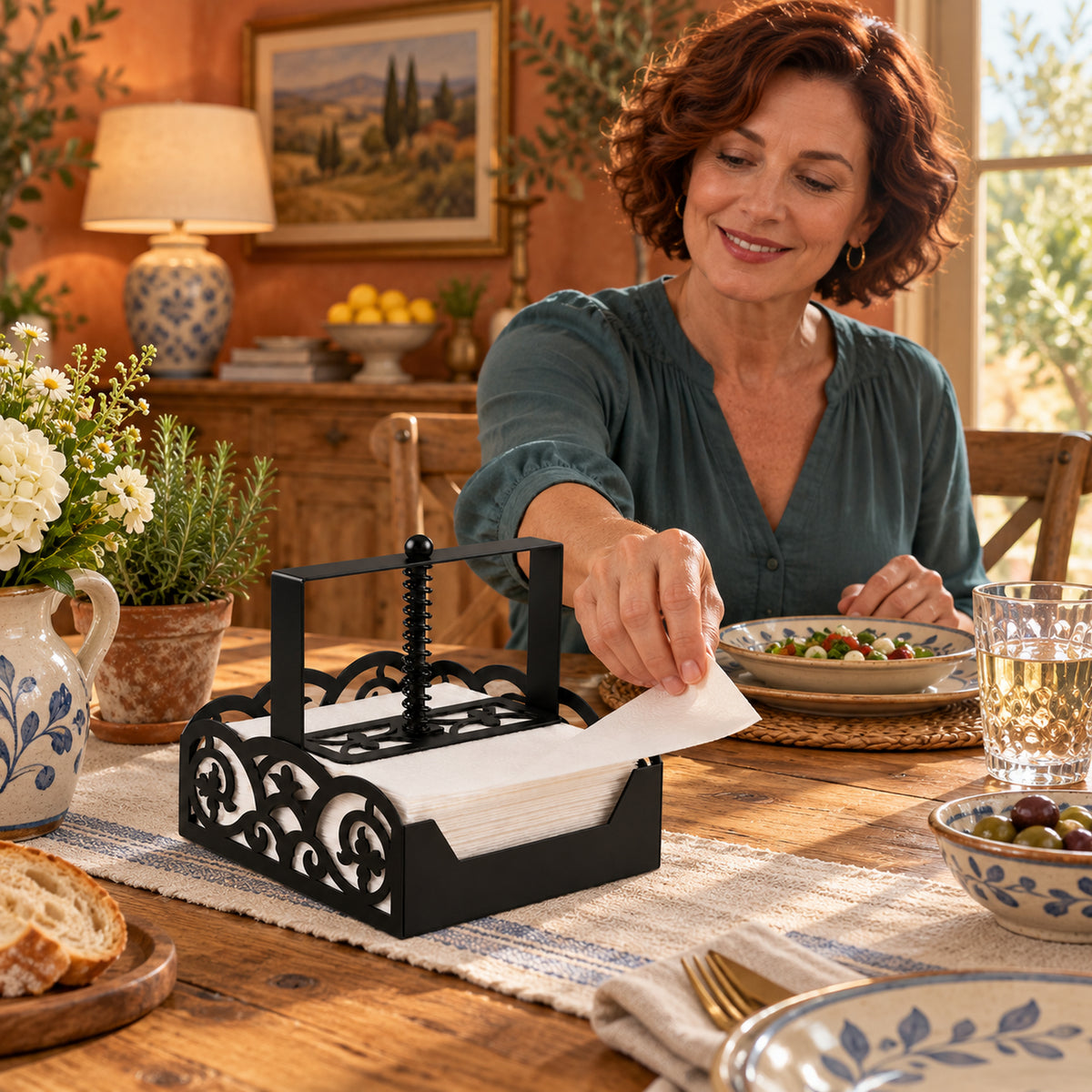 Square Metal Napkin Holder with Spring-Loaded Press and Laser-Cut Sides