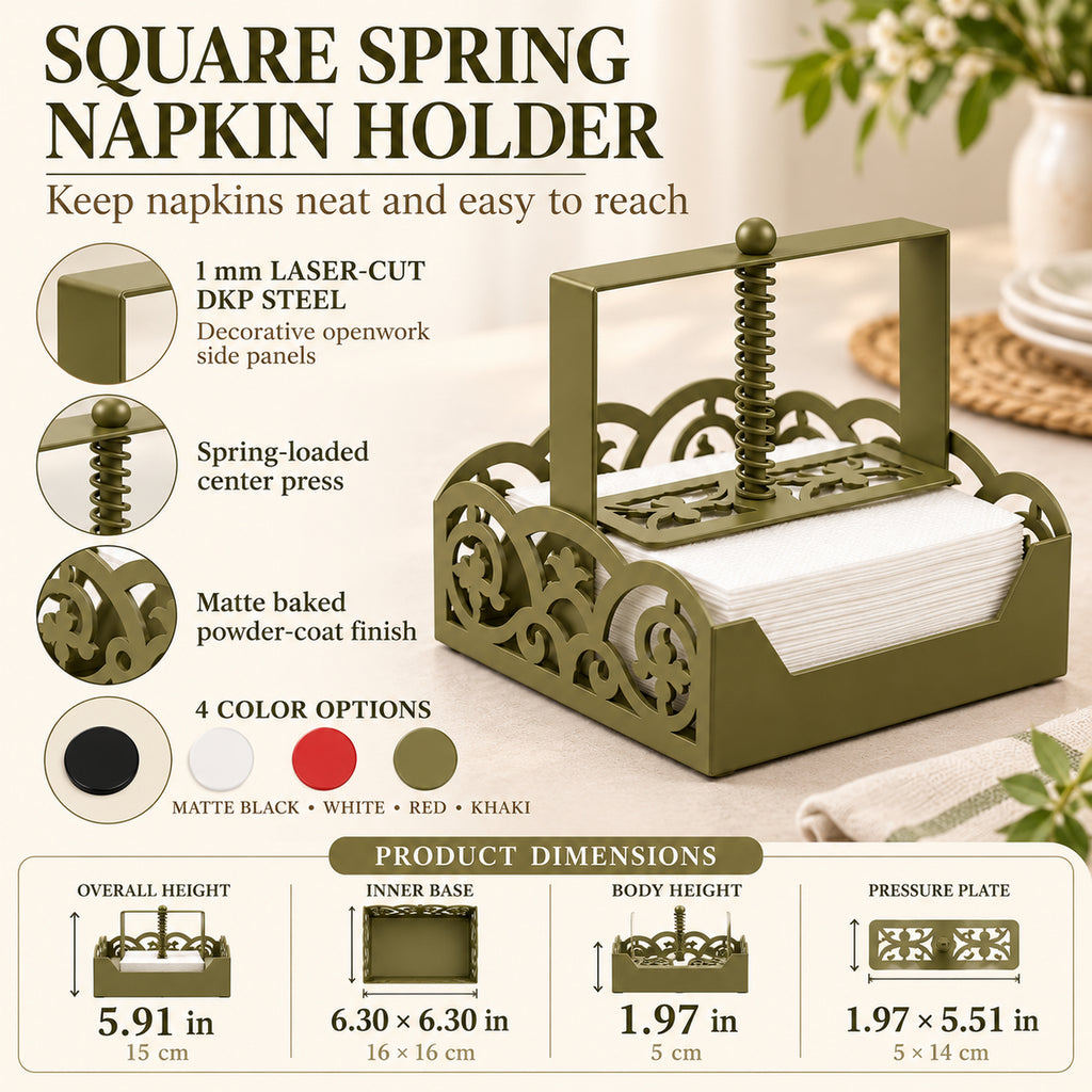 Square Metal Napkin Holder with Spring-Loaded Press and Laser-Cut Sides