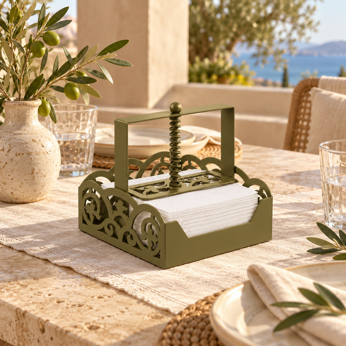 Square Metal Napkin Holder with Spring-Loaded Press and Laser-Cut Sides