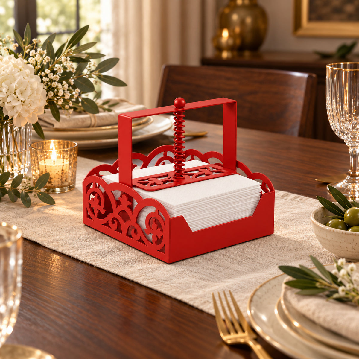 Square Metal Napkin Holder with Spring-Loaded Press and Laser-Cut Sides
