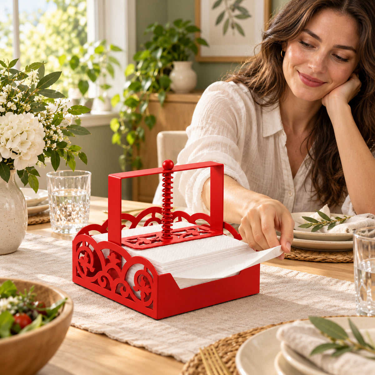 Square Metal Napkin Holder with Spring-Loaded Press and Laser-Cut Sides