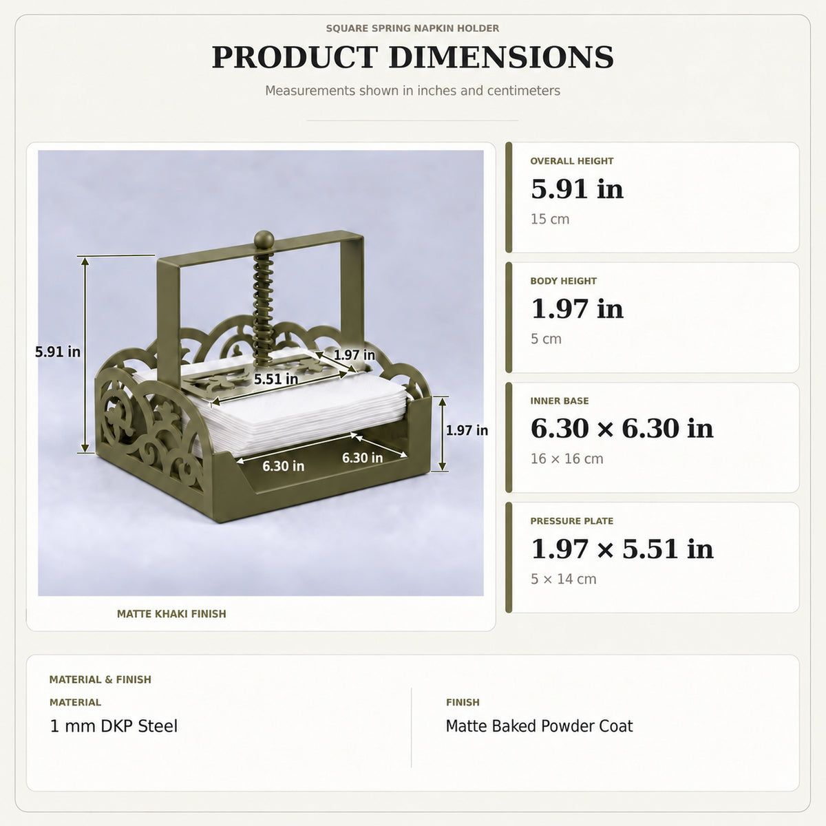 Square Metal Napkin Holder with Spring-Loaded Press and Laser-Cut Sides