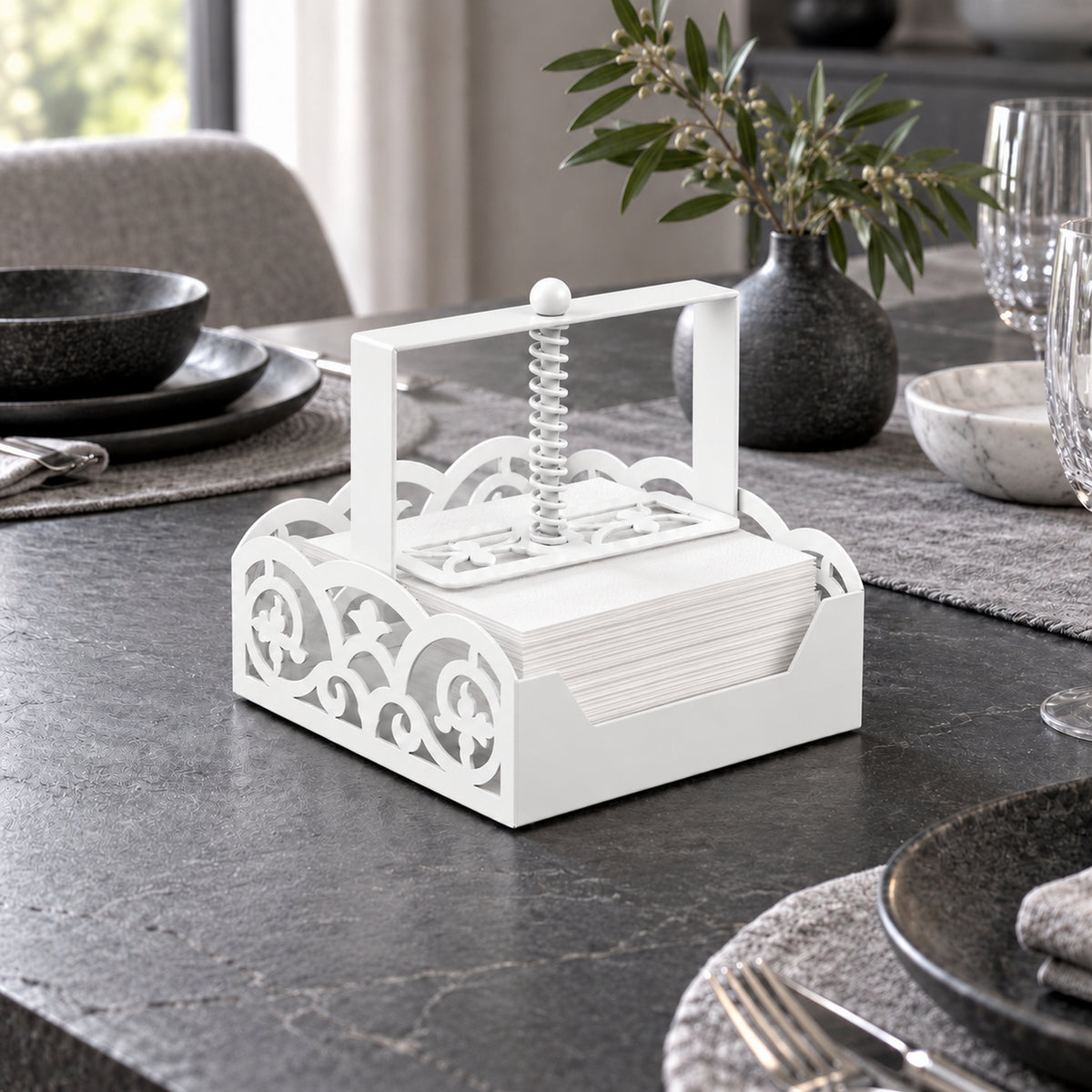 Square Metal Napkin Holder with Spring-Loaded Press and Laser-Cut Sides