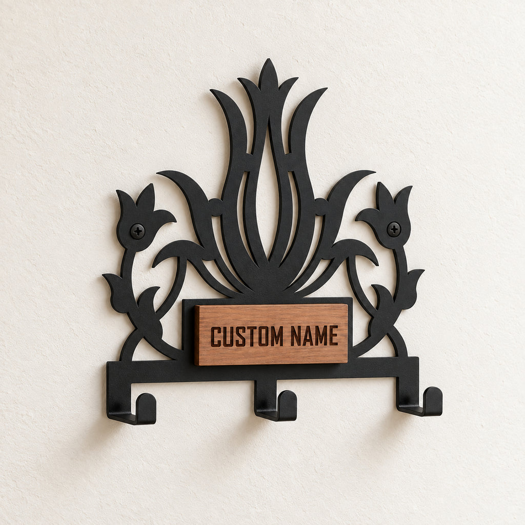 Personalized Metal Wall Key Holder with Oak Nameplate, Entryway Organizer