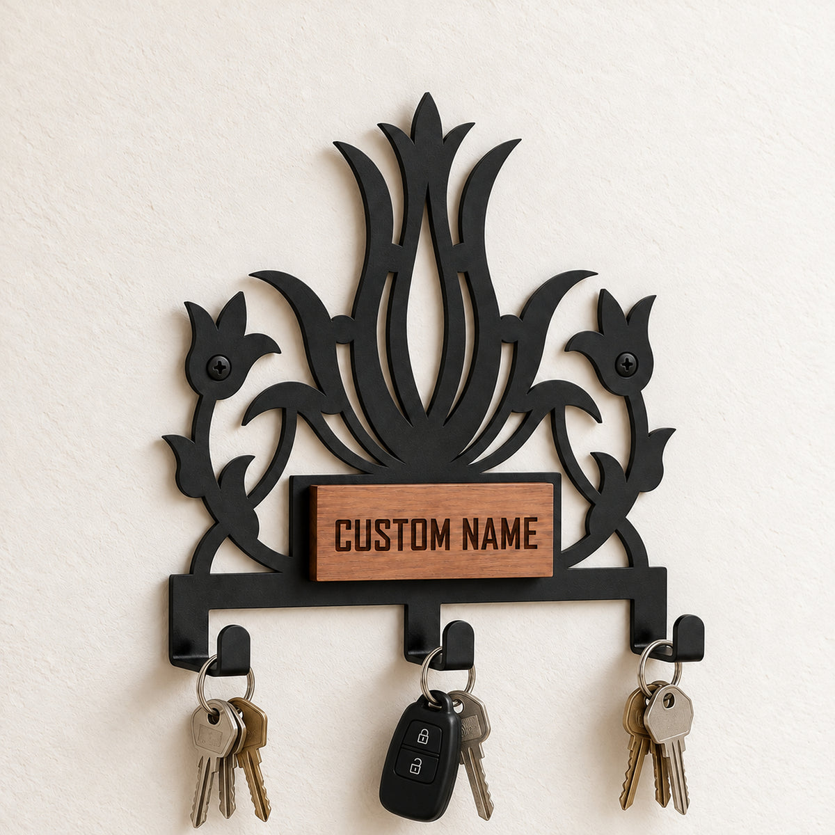 Personalized Metal Wall Key Holder with Oak Nameplate, Entryway Organizer