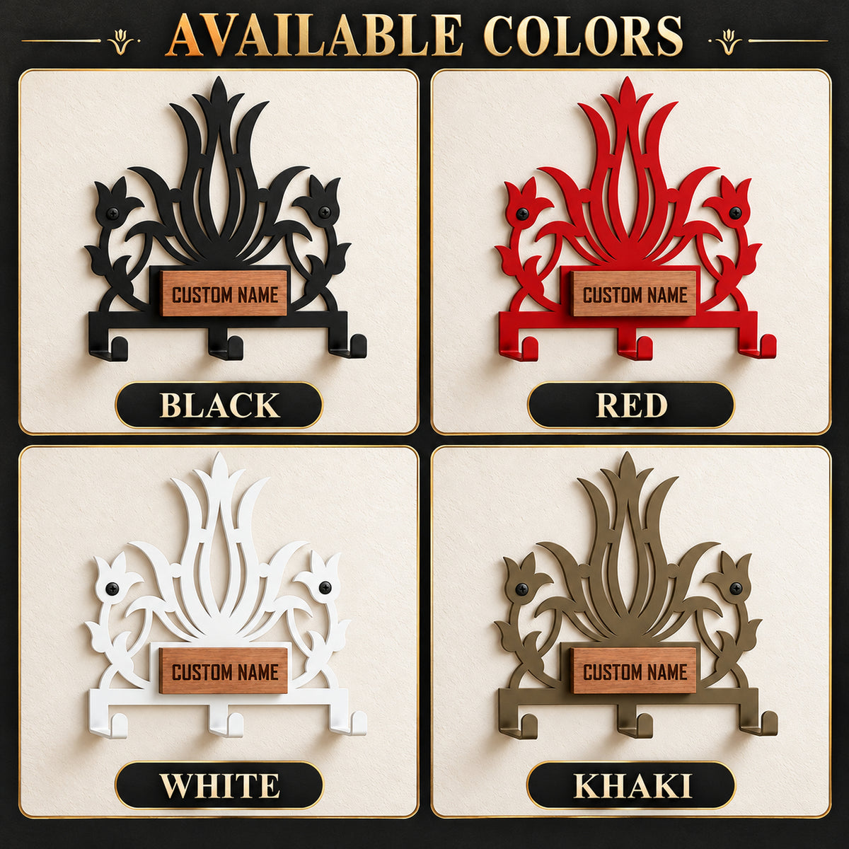 Personalized Metal Wall Key Holder with Oak Nameplate, Entryway Organizer