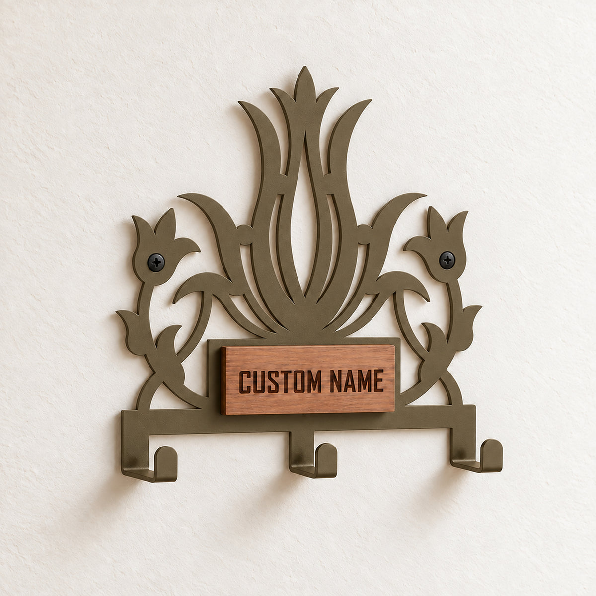 Personalized Metal Wall Key Holder with Oak Nameplate, Entryway Organizer