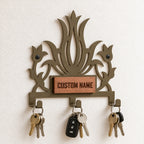 Personalized Metal Wall Key Holder with Oak Nameplate, Entryway Organizer