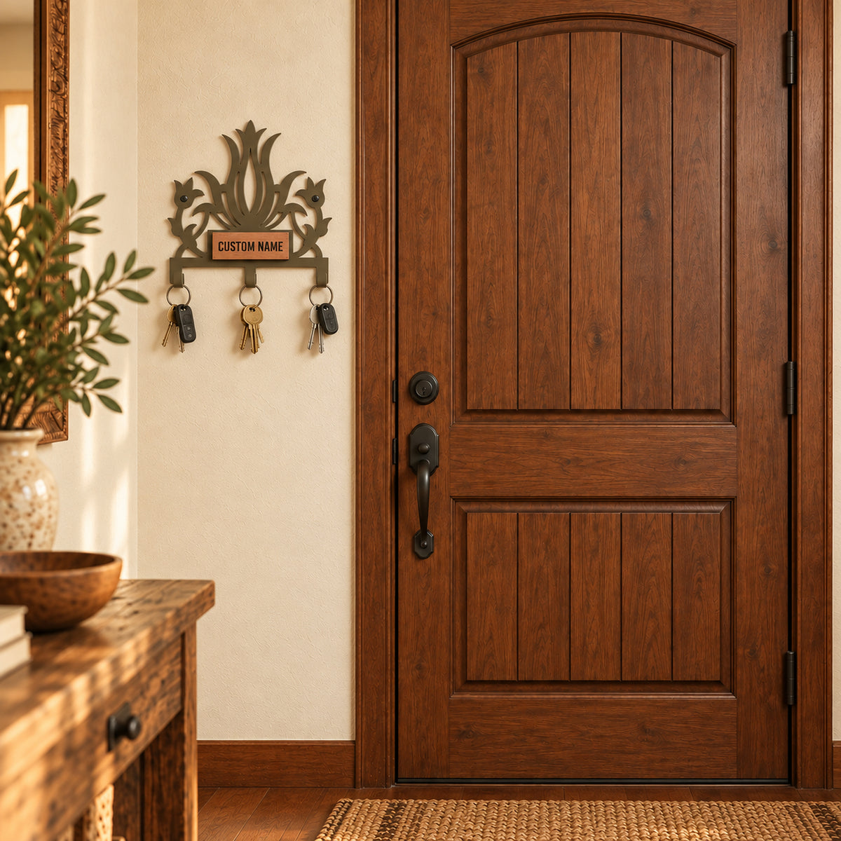 Personalized Metal Wall Key Holder with Oak Nameplate, Entryway Organizer