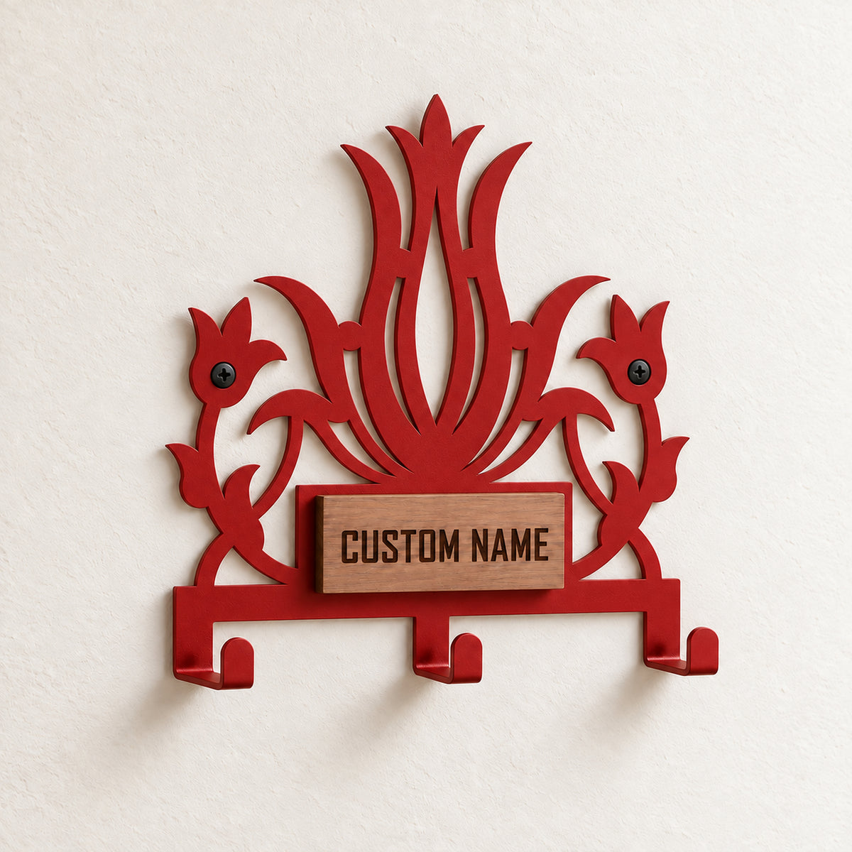 Personalized Metal Wall Key Holder with Oak Nameplate, Entryway Organizer