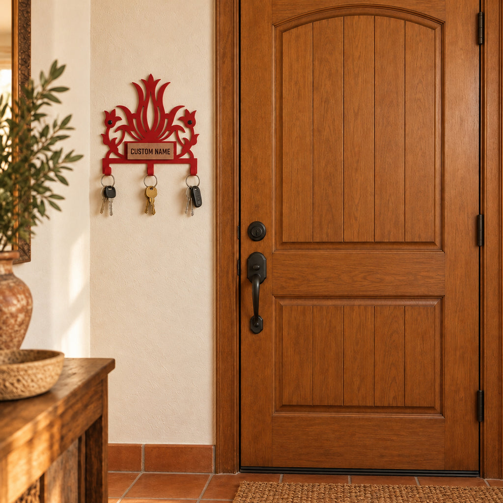 Personalized Metal Wall Key Holder with Oak Nameplate, Entryway Organizer