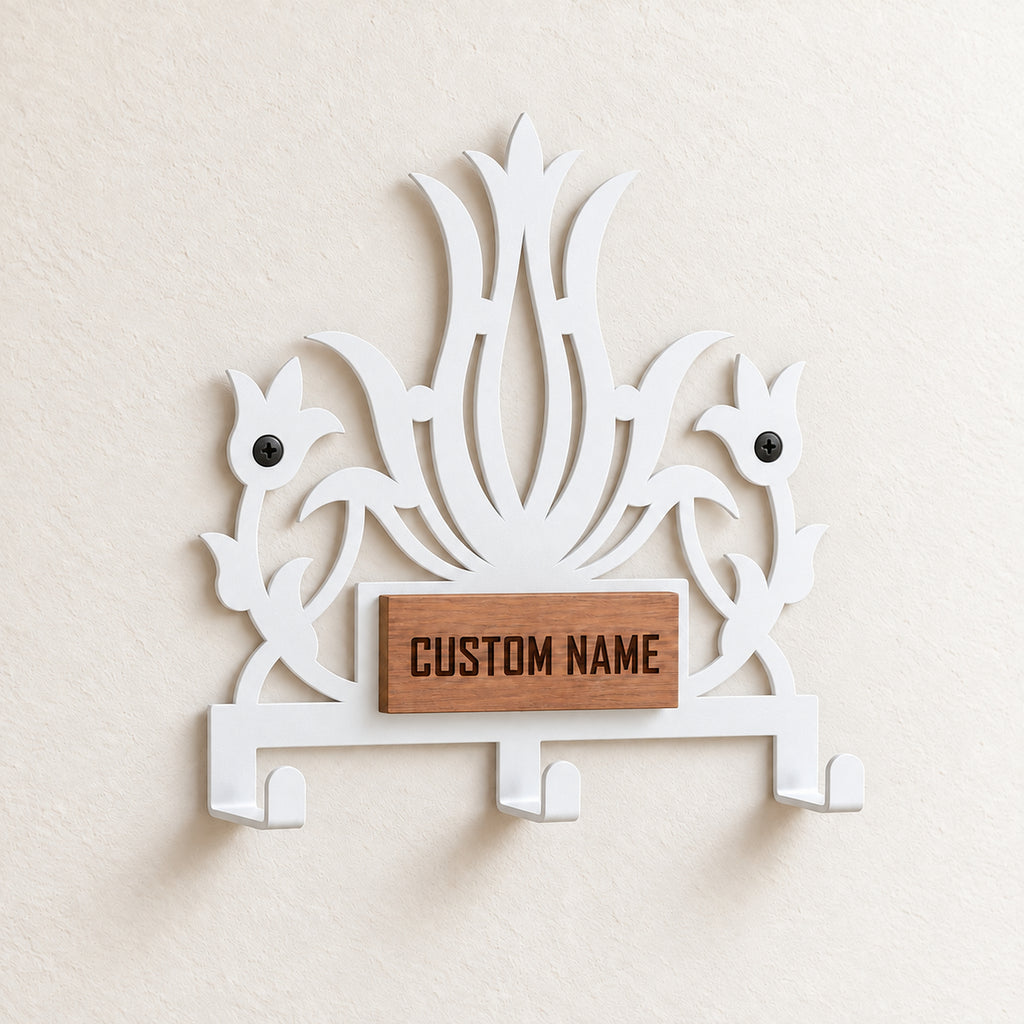 Personalized Metal Wall Key Holder with Oak Nameplate, Entryway Organizer
