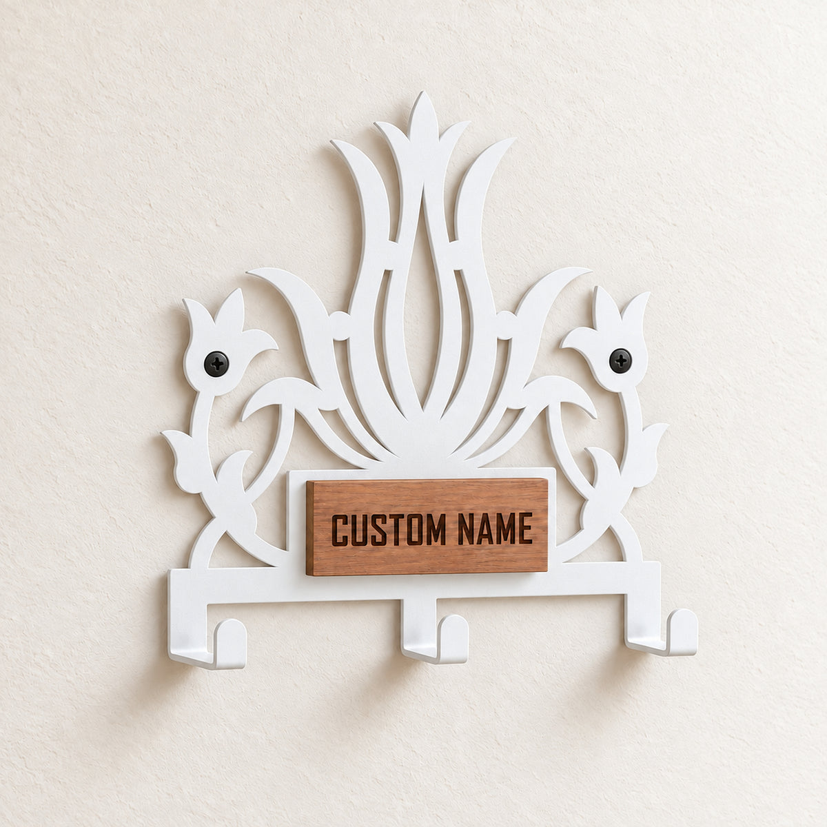 Personalized Metal Wall Key Holder with Oak Nameplate, Entryway Organizer