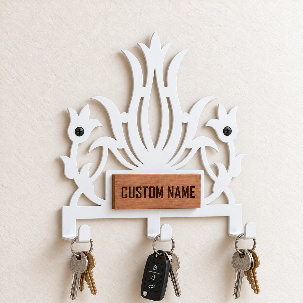 Personalized Metal Wall Key Holder with Oak Nameplate, Entryway Organizer