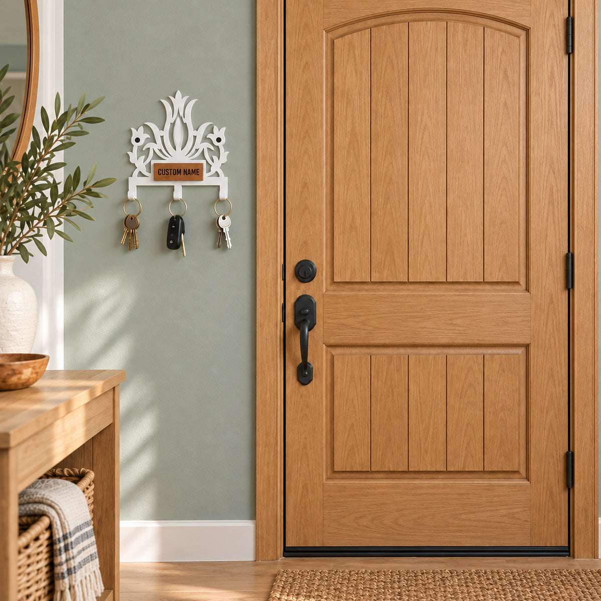 Personalized Metal Wall Key Holder with Oak Nameplate, Entryway Organizer
