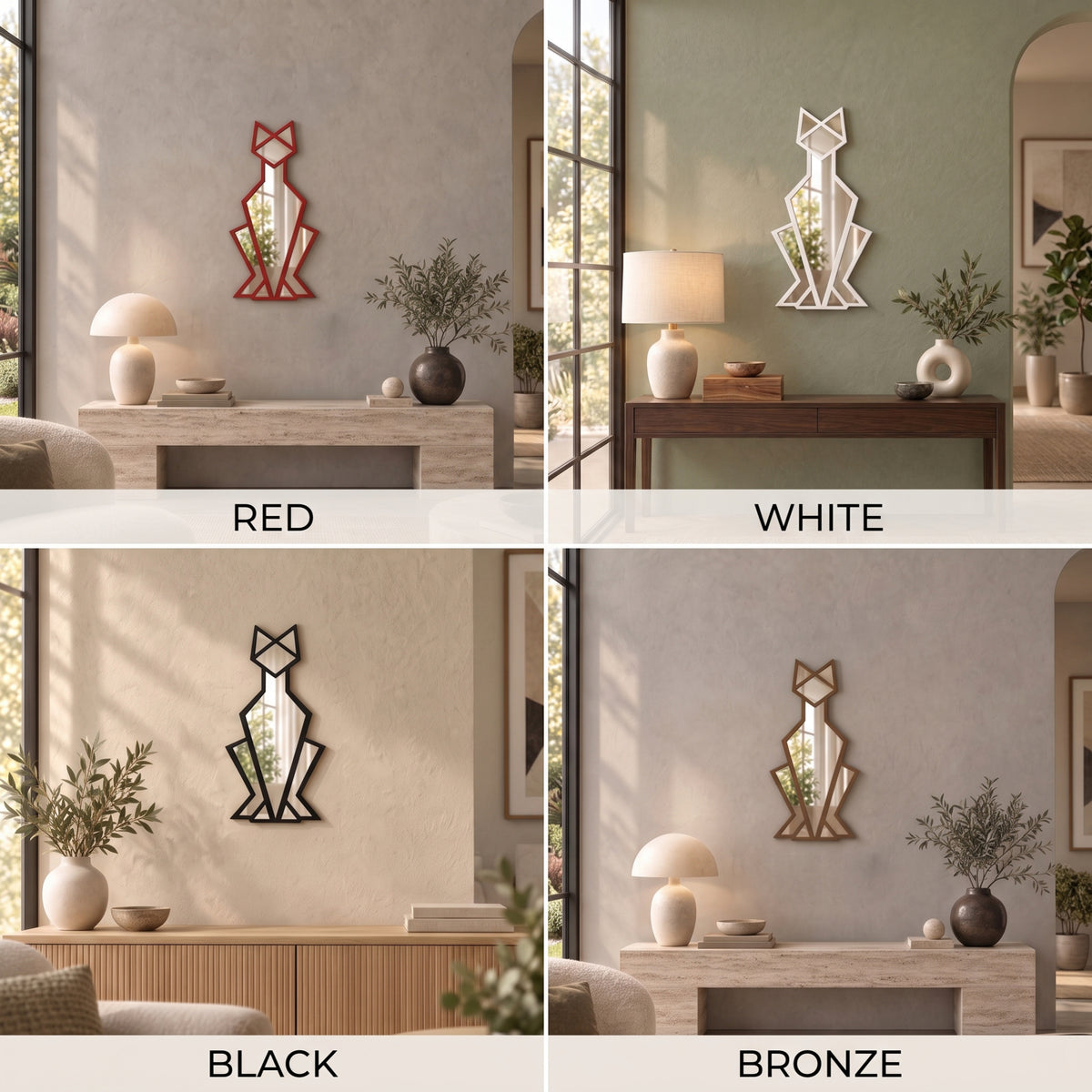 Geometric Cat Wall Mirror, Minimalist Metal Frame, Modern Animal Home Decor