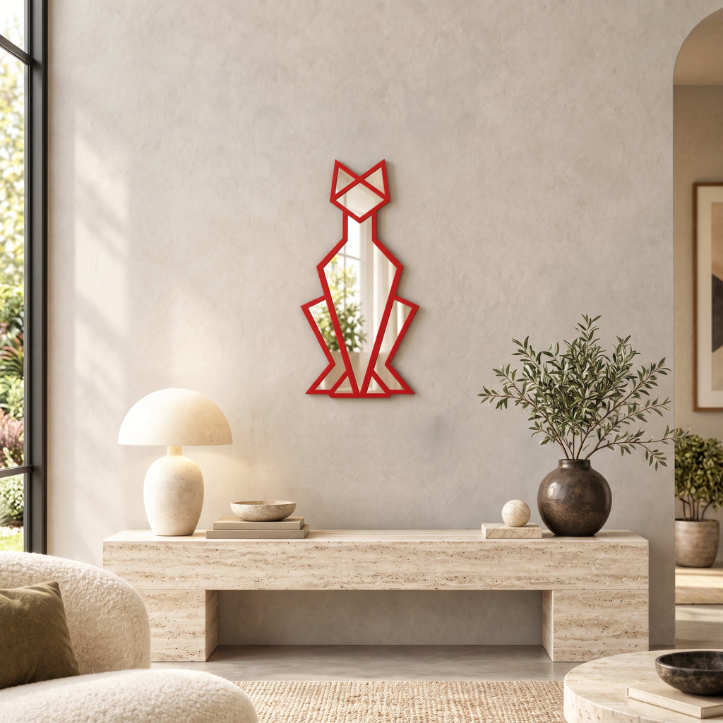 Geometric Cat Wall Mirror, Minimalist Metal Frame, Modern Animal Home Decor
