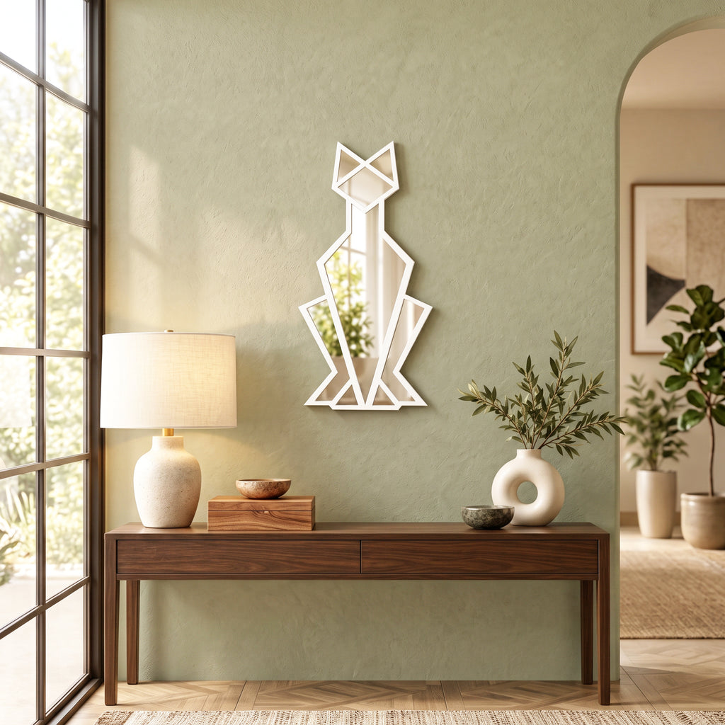 Geometric Cat Wall Mirror, Minimalist Metal Frame, Modern Animal Home Decor