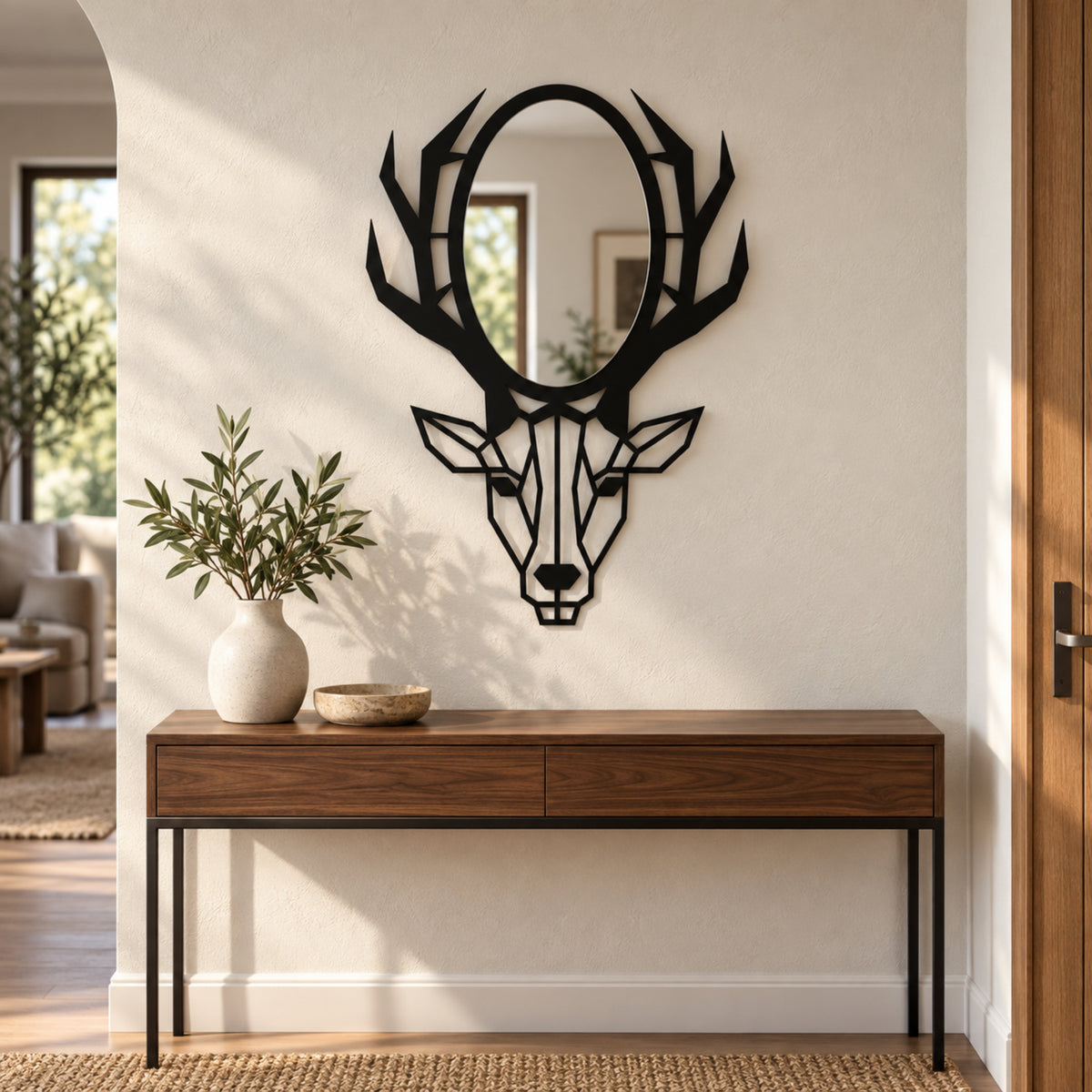 Geometric Deer Head Wall Mirror, Black Metal Animal Mirror, Modern Bathroom Decor, Entryway Wall Art, Housewarming Gift