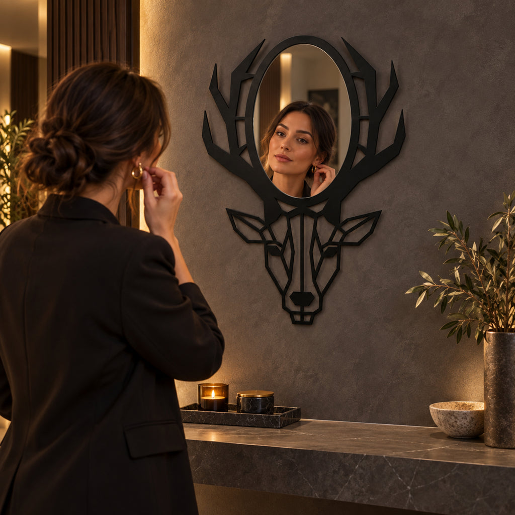 Geometric Deer Head Wall Mirror, Black Metal Animal Mirror, Modern Bathroom Decor, Entryway Wall Art, Housewarming Gift