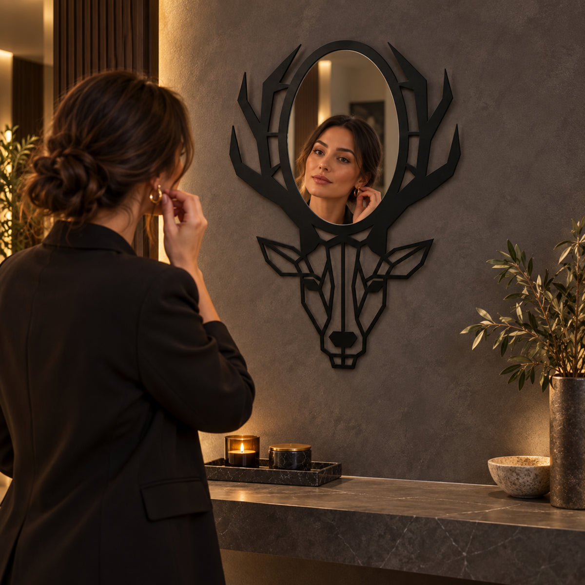 Geometric Deer Head Wall Mirror, Black Metal Animal Mirror, Modern Bathroom Decor, Entryway Wall Art, Housewarming Gift