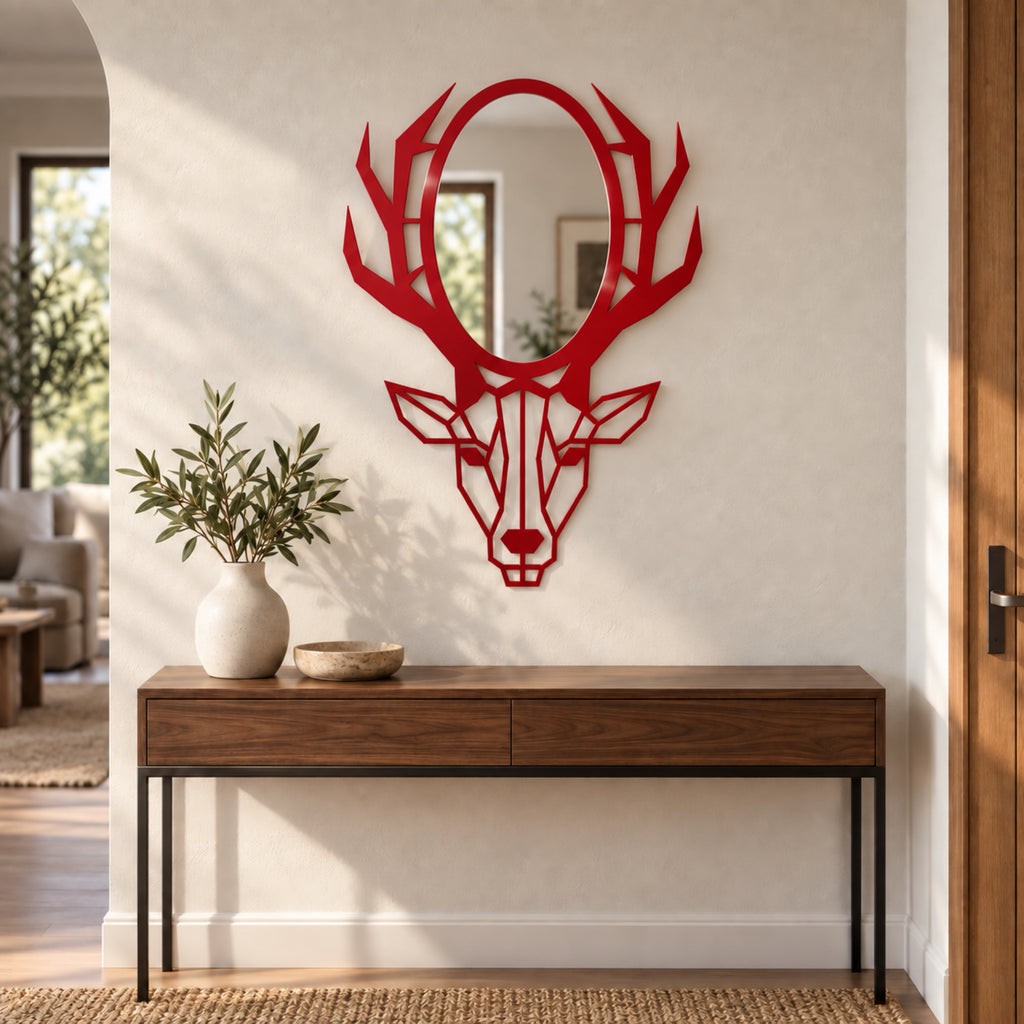 Geometric Deer Head Wall Mirror, Black Metal Animal Mirror, Modern Bathroom Decor, Entryway Wall Art, Housewarming Gift