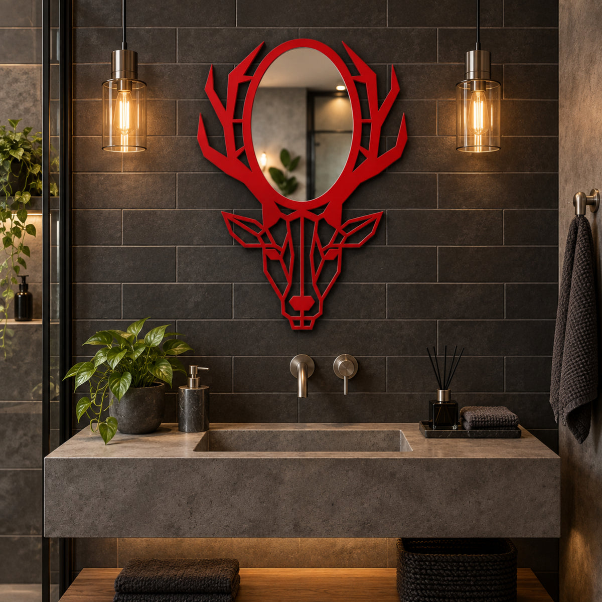 Geometric Deer Head Wall Mirror, Black Metal Animal Mirror, Modern Bathroom Decor, Entryway Wall Art, Housewarming Gift