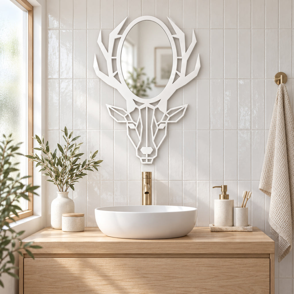 Geometric Deer Head Wall Mirror, Black Metal Animal Mirror, Modern Bathroom Decor, Entryway Wall Art, Housewarming Gift
