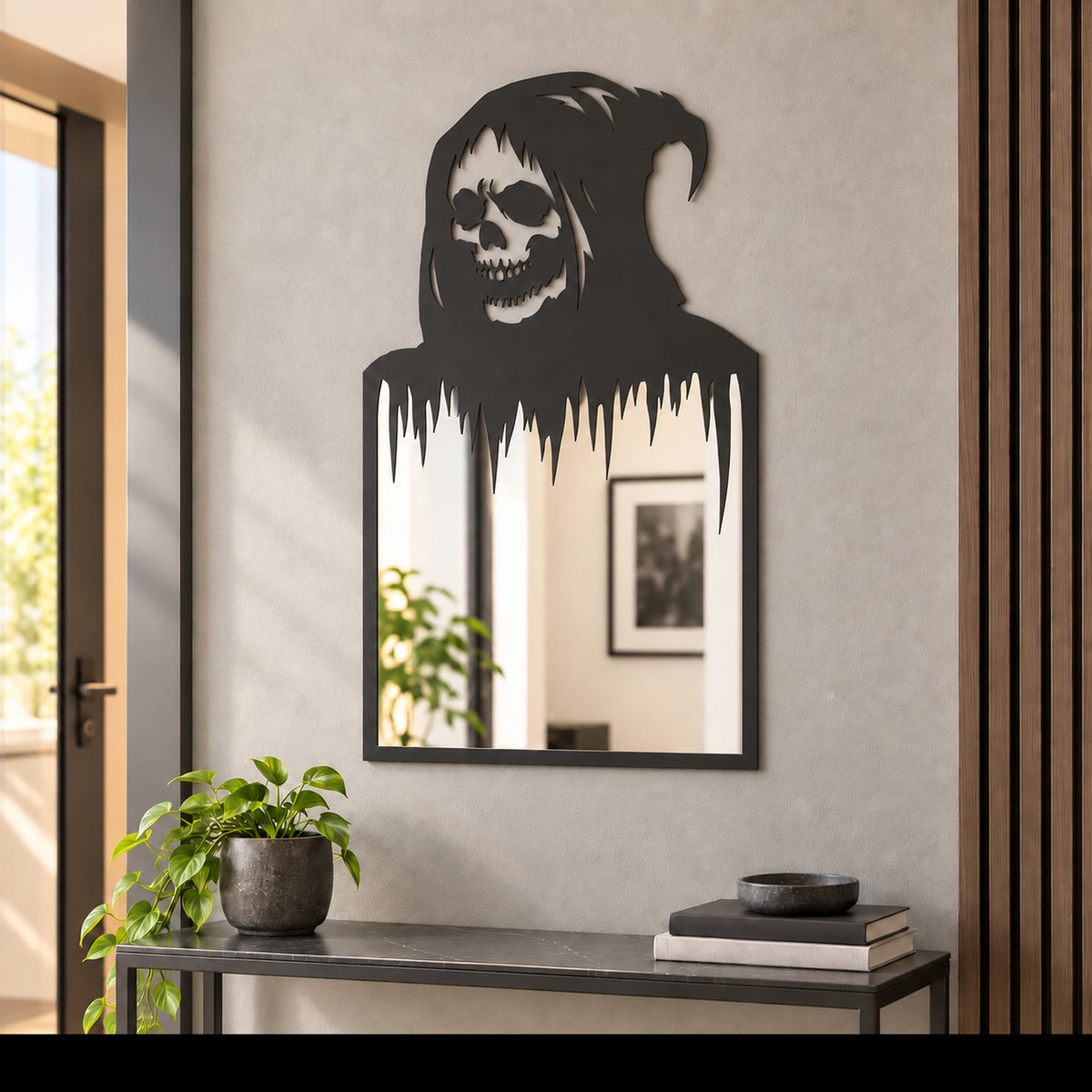 Gothic Skull Wall Mirror | Black Metal Decorative Mirror
