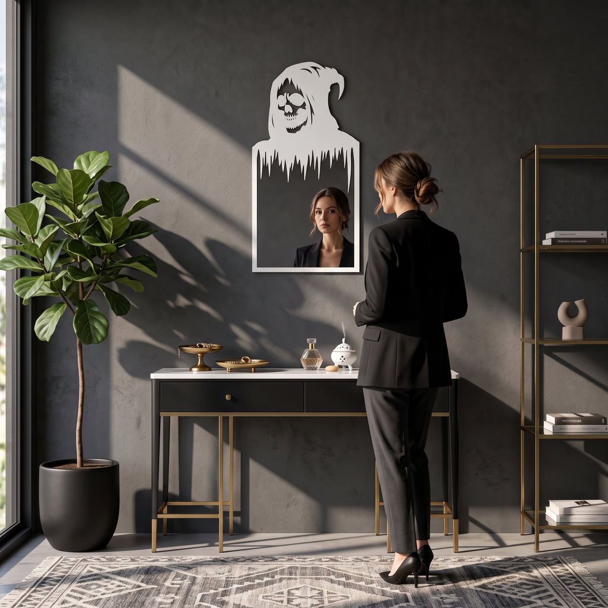 Gothic Skull Wall Mirror | Black Metal Decorative Mirror