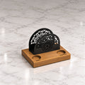 Iroko Wood & Metal Napkin Holder with Salt Pepper Slots, Tabletop Dining Organizer