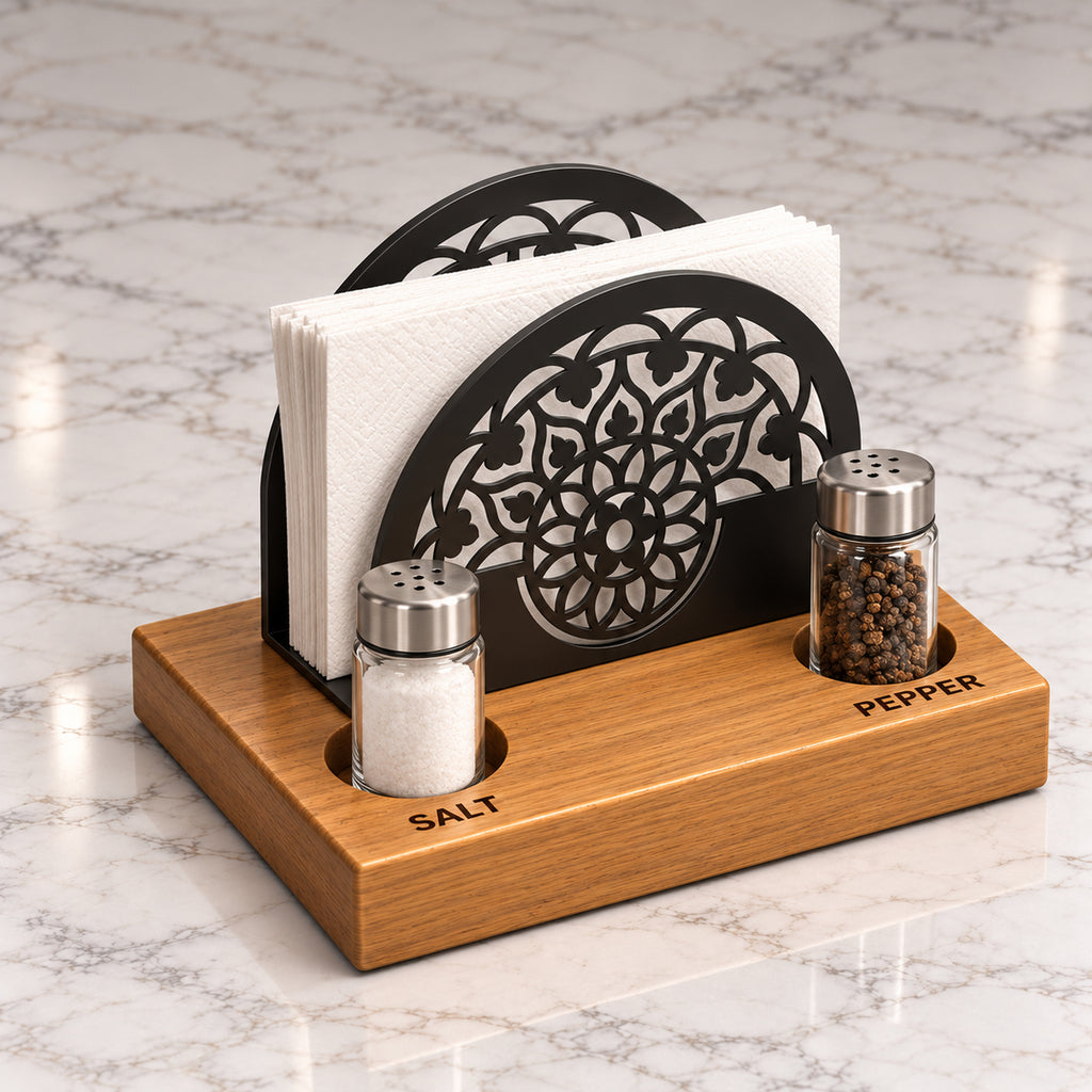 Iroko Wood & Metal Napkin Holder with Salt Pepper Slots, Tabletop Dining Organizer