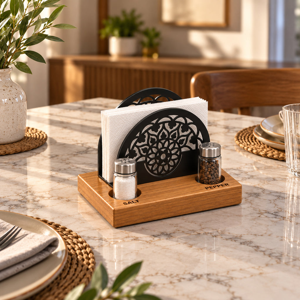 Iroko Wood & Metal Napkin Holder with Salt Pepper Slots, Tabletop Dining Organizer