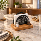 Iroko Wood & Metal Napkin Holder with Salt Pepper Slots, Tabletop Dining Organizer
