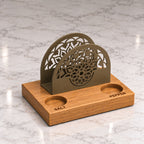 Iroko Wood & Metal Napkin Holder with Salt Pepper Slots, Tabletop Dining Organizer