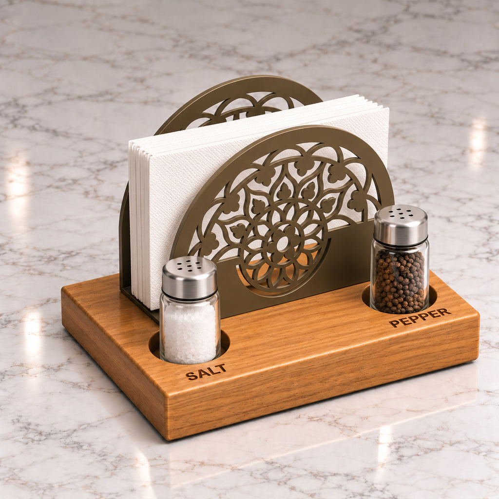 Iroko Wood & Metal Napkin Holder with Salt Pepper Slots, Tabletop Dining Organizer