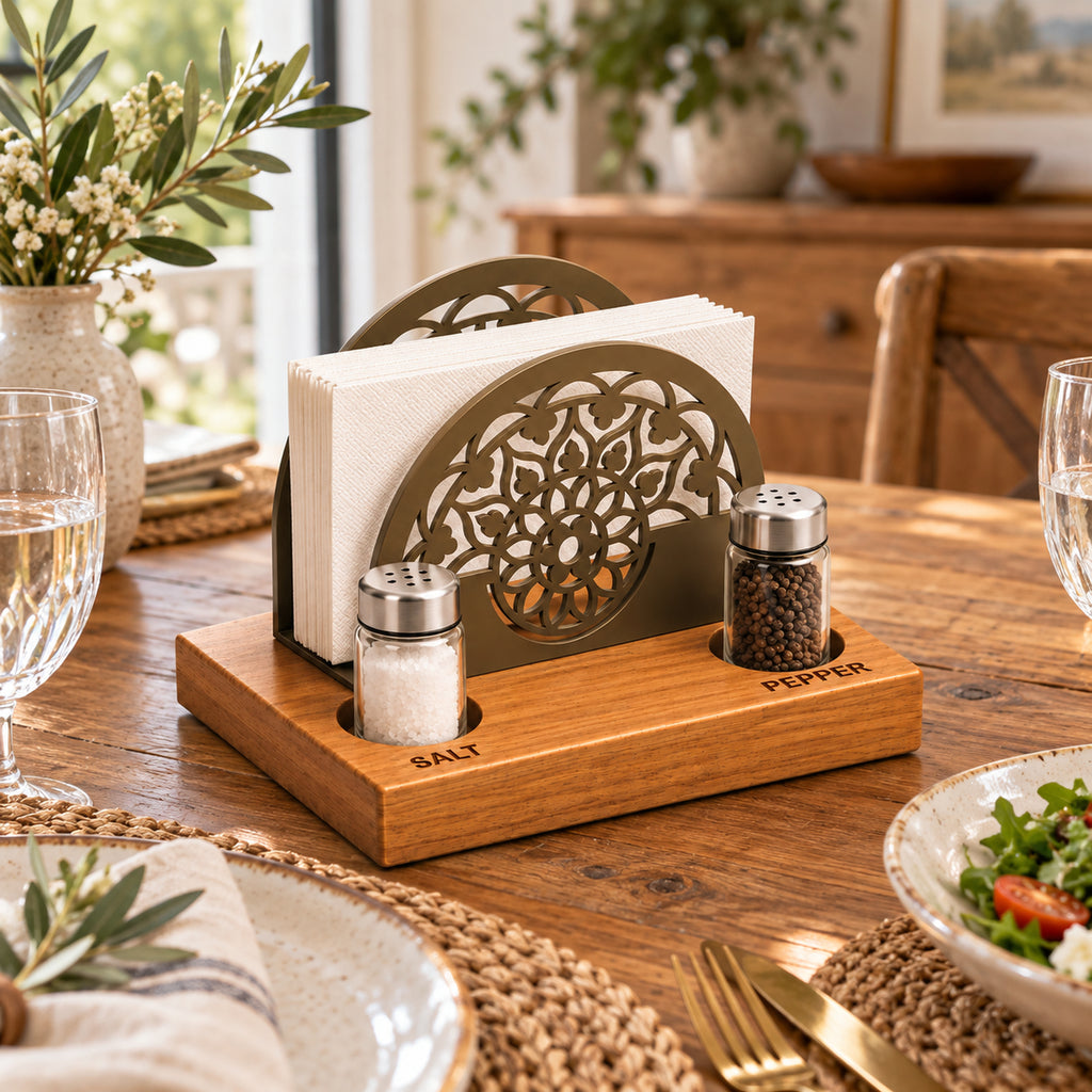 Iroko Wood & Metal Napkin Holder with Salt Pepper Slots, Tabletop Dining Organizer