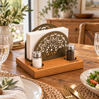Iroko Wood & Metal Napkin Holder with Salt Pepper Slots, Tabletop Dining Organizer