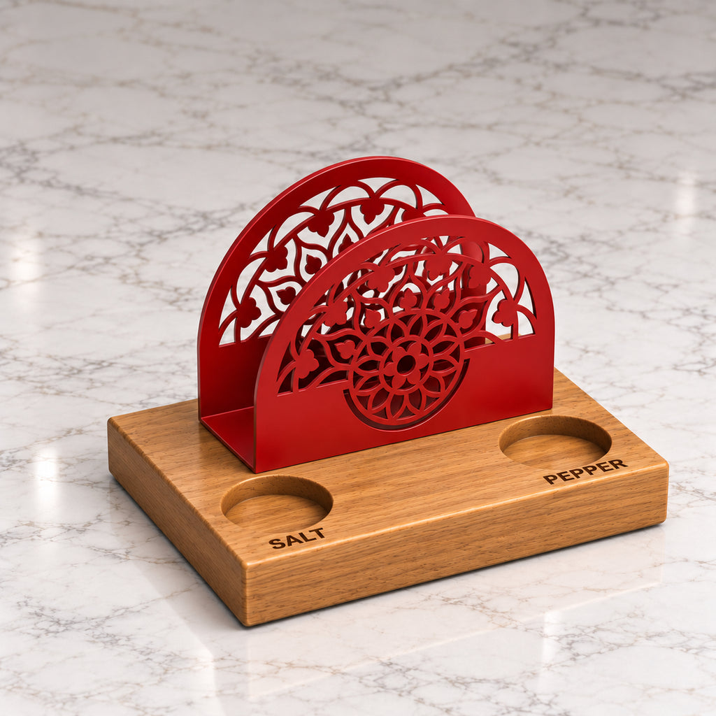 Iroko Wood & Metal Napkin Holder with Salt Pepper Slots, Tabletop Dining Organizer