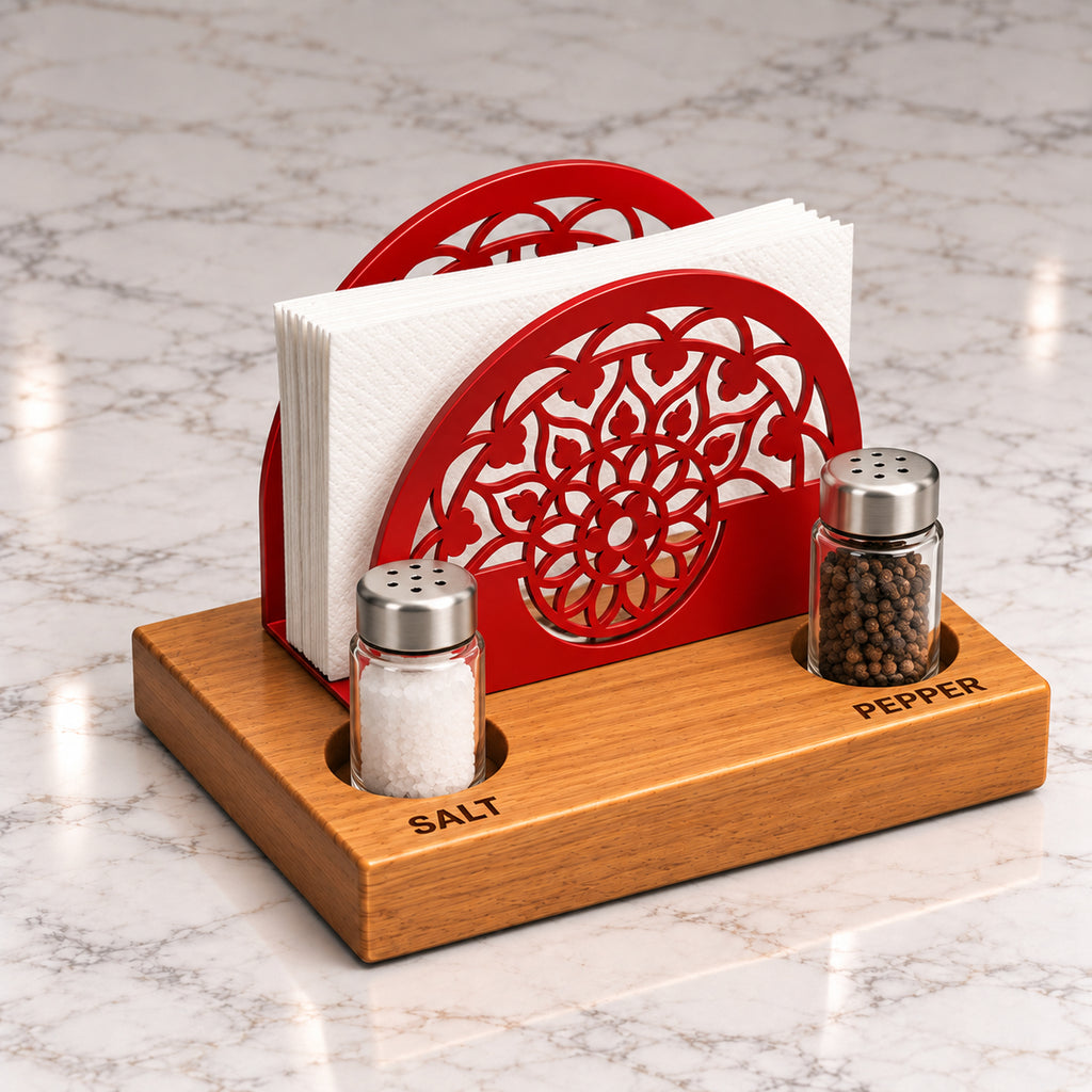 Iroko Wood & Metal Napkin Holder with Salt Pepper Slots, Tabletop Dining Organizer