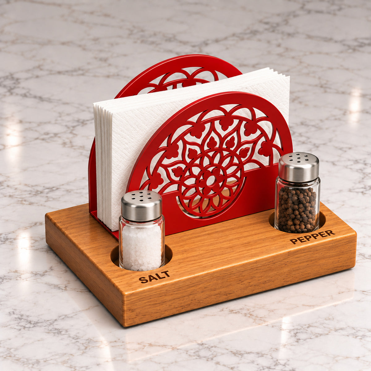 Iroko Wood & Metal Napkin Holder with Salt Pepper Slots, Tabletop Dining Organizer