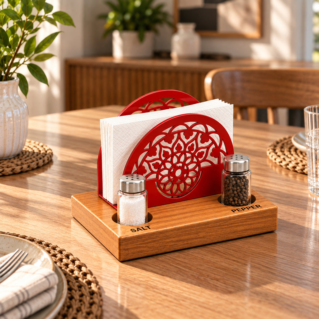 Iroko Wood & Metal Napkin Holder with Salt Pepper Slots, Tabletop Dining Organizer