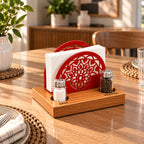 Iroko Wood & Metal Napkin Holder with Salt Pepper Slots, Tabletop Dining Organizer